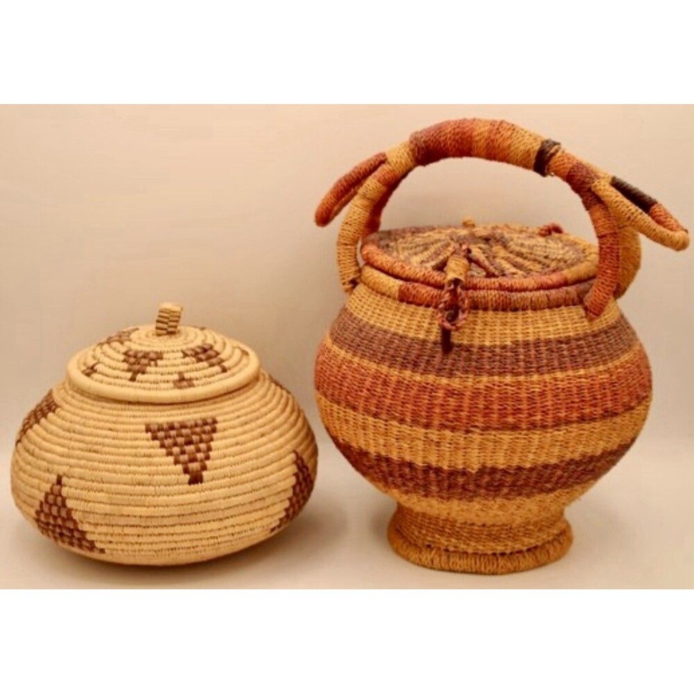 Set Of 2 Authentic Handwoven African Baskets: Zulu Beer Basket & Lidded Storage